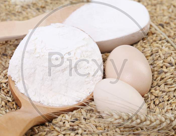 Close Up Of Wheat Grains And Flour. Whole Background.