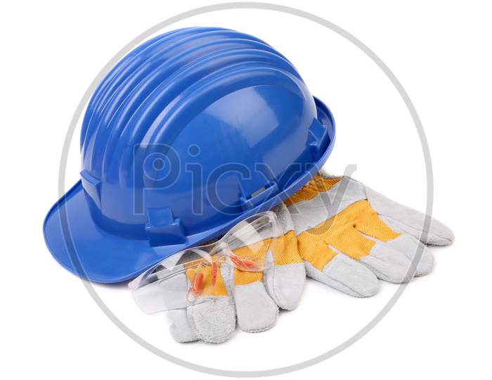 Hard Hat Gloves And Glasses. Isolated On A White Background.