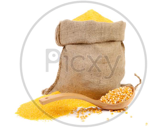 Sack With Corn Grains And Flour. Isolated On A White Background.