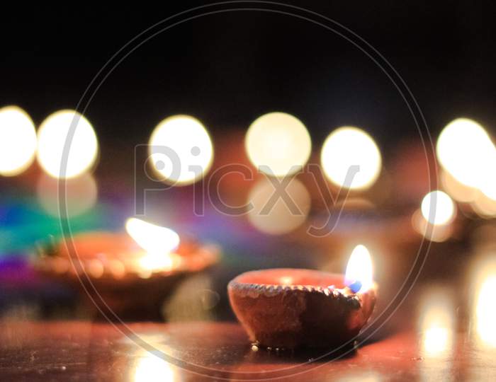 Clay lamp light during diwali festival