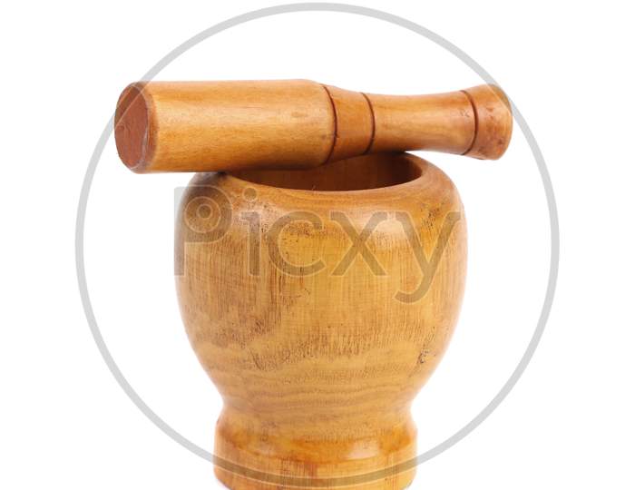Wooden Mortar With Pestle. Isolated On A White Background.