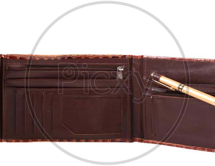 Opened Brown Leather Purse. Isolated On A White Background.