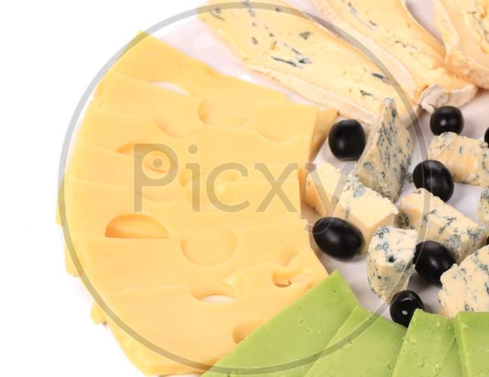 Various Tasty Cheese Slices. Isolated On A White Background.