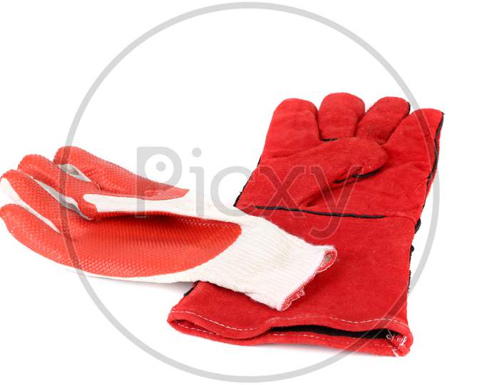 Heavy-Duty And Rubber Red Gloves. Isolated On A White Background.