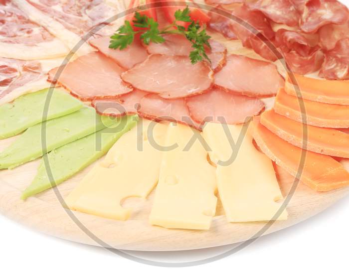 Various Cheese On Wooden Platter. Isolated On A White Background.
