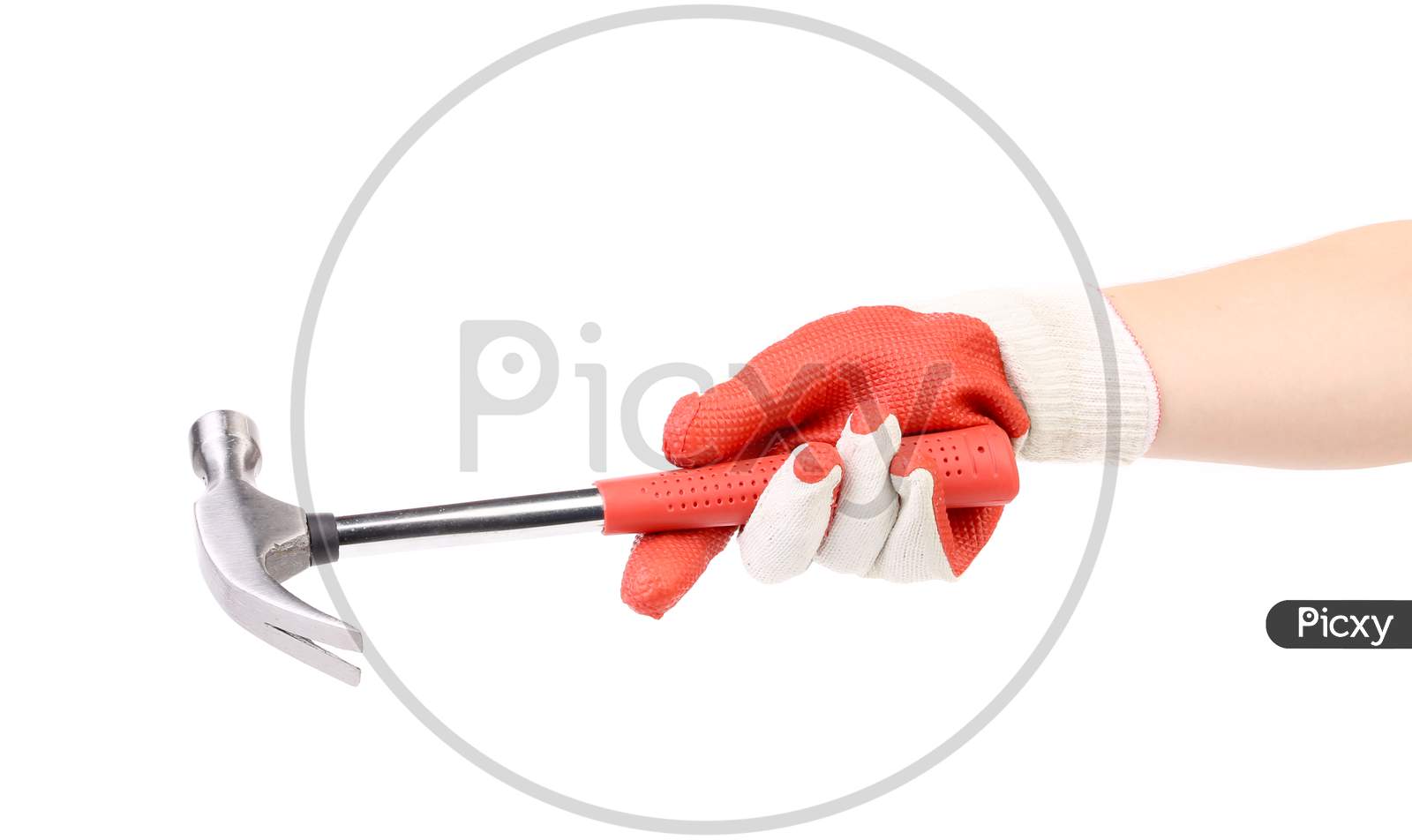 Hand In Glove Holding Metal Hammer. Isolated On A White Background.
