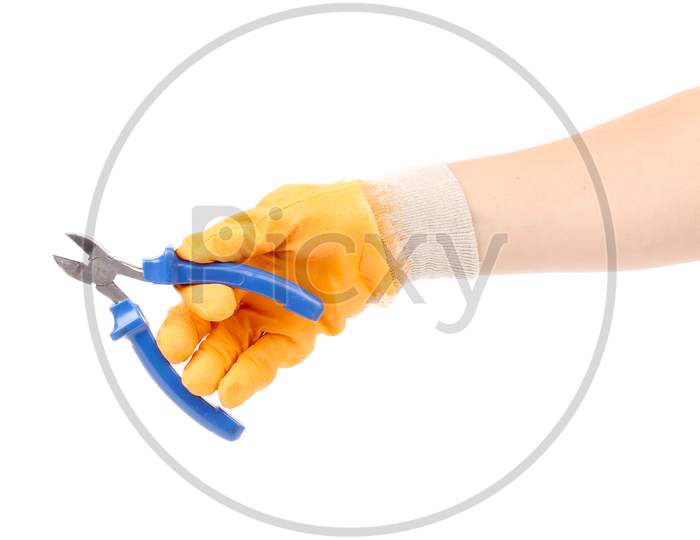 Hand In Gloves Holding Pliers. Isolated On A White Background.