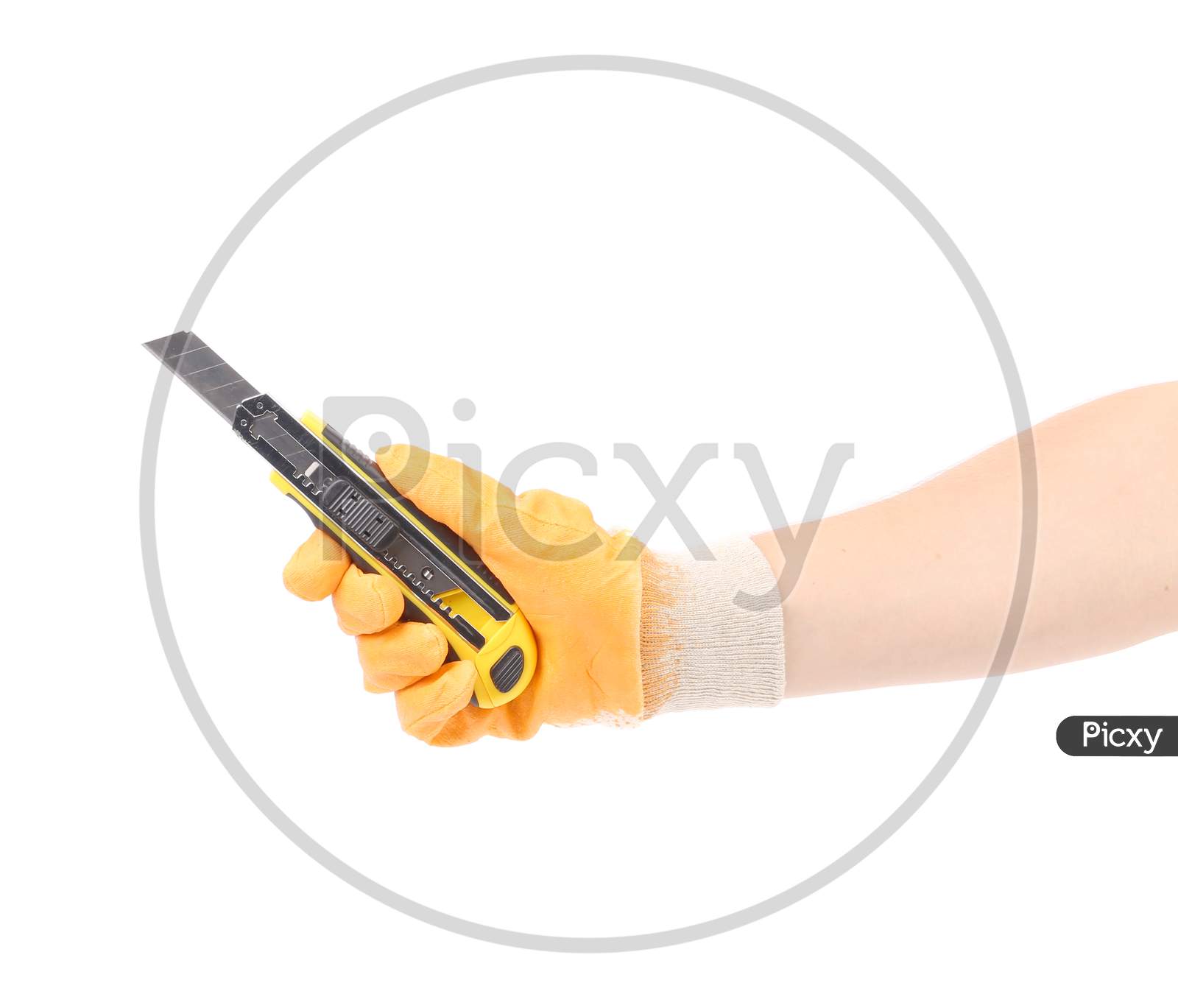 Hand In Gloves Holding Knife. Isolated On A White Background.