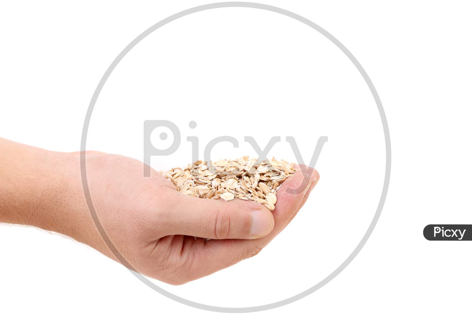 Oatmeal Flakes Into Hand.  Isolated On A White Background.