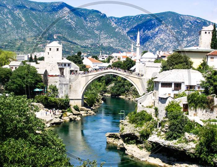 Famous Mostar bridge (Stari most) across the Neretva river in Mostar, Bosnia and Herzegovina.