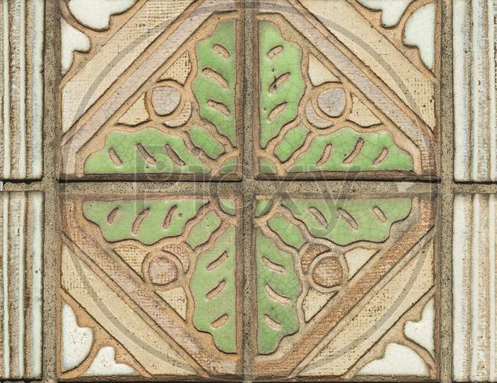 Stone Wall Decoration With Leaf Motifs Of Shibusawa Museum In The Asukayama Park In The Kita District Of Tokyo, Japan. It Is Built In 1925 And It Part Of One Of The Three Museums In Asukayama Park And Is Decorated With Stained Glass Windows And Murals.