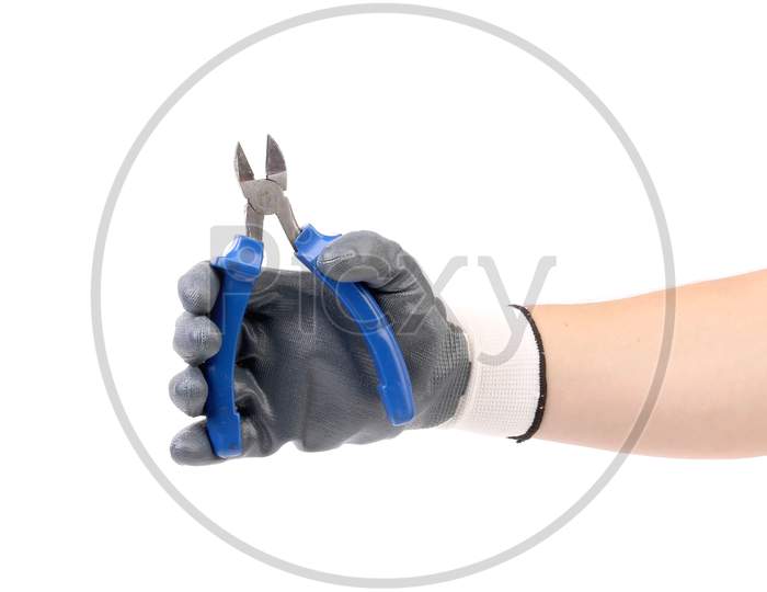 Hand In Gloves Holding Pliers. Isolated On A White Background.