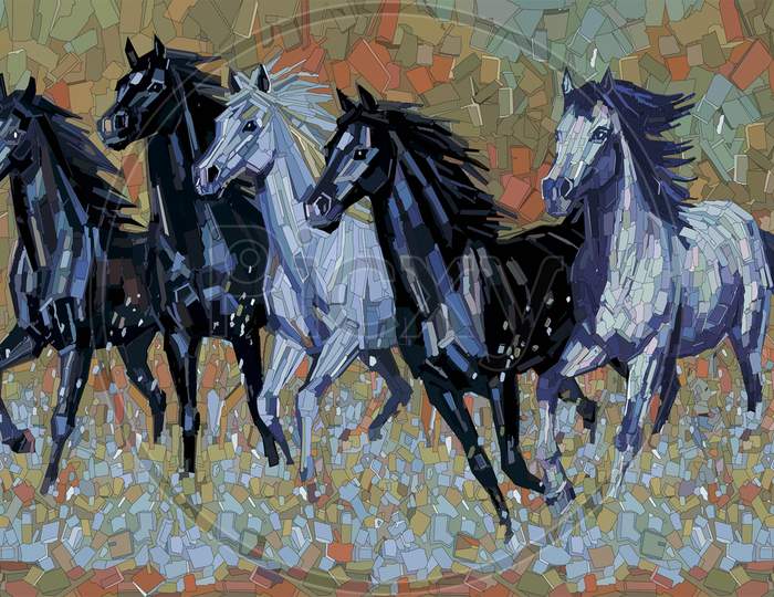Horse race riding sport jockys compitation horses runing moasic painting illustrations.