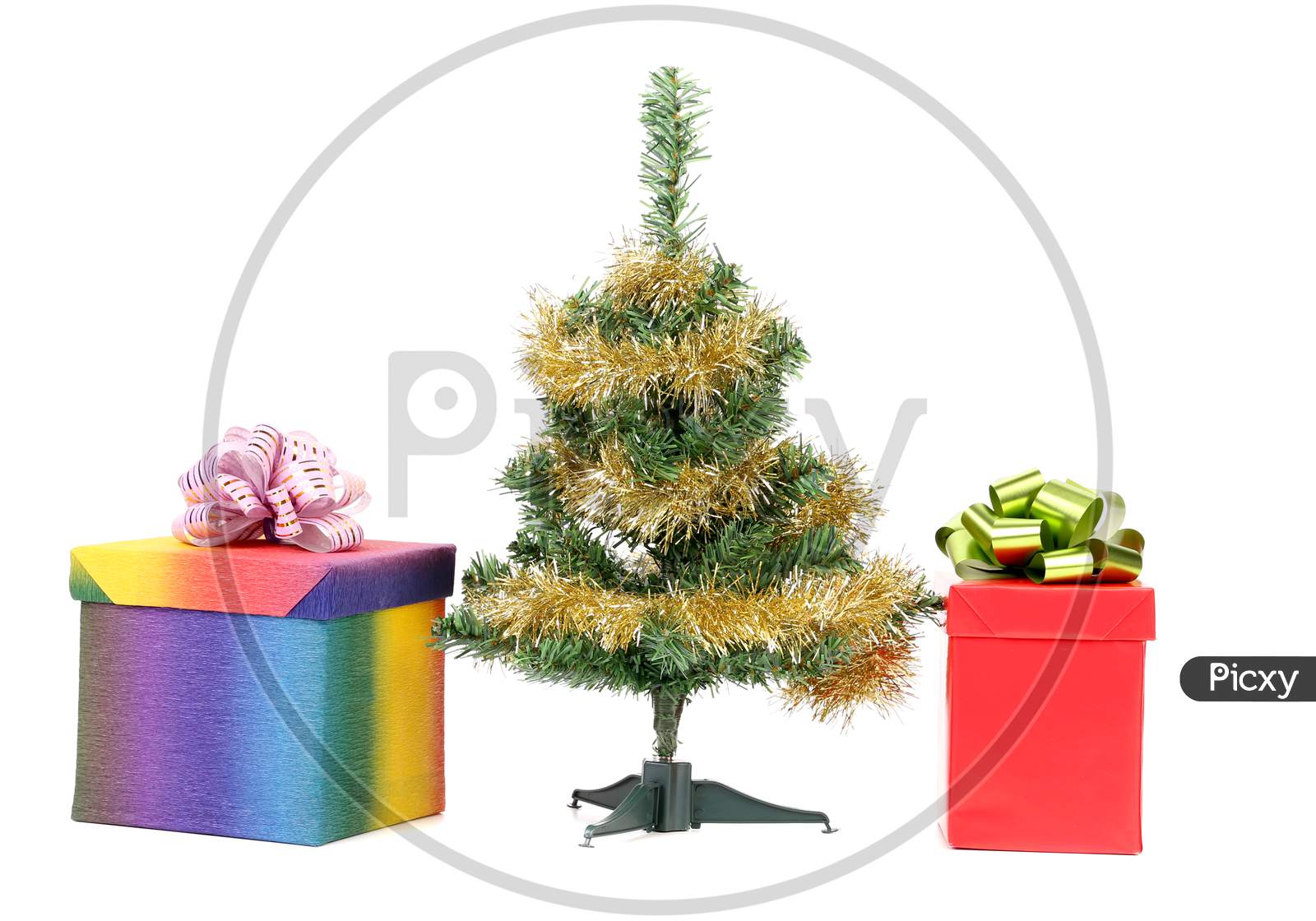Christmas Tree With Two Gift Boxes. Isolated On A White Background.