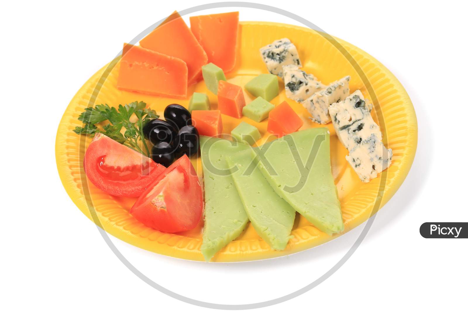 Various Cheese On Yellow Platter. Isolated On A White Background.