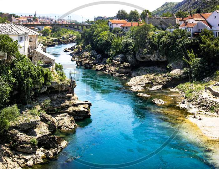 Neretva River in Mostar, Bosnia and Herzegovina - view from famous bridge.