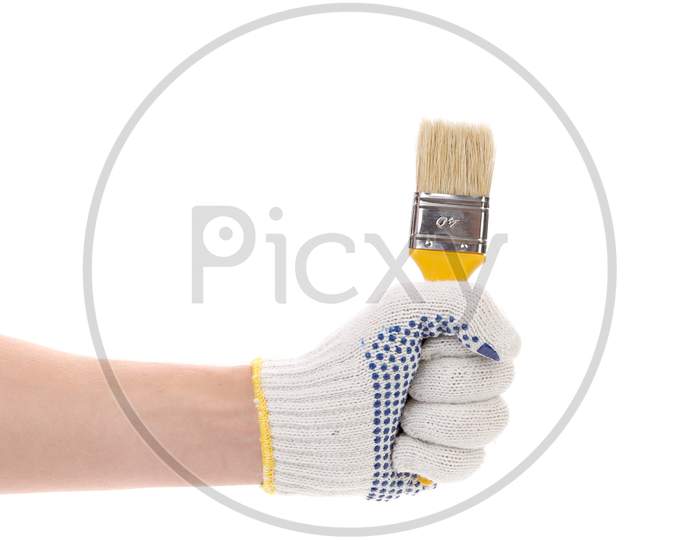 Hand In Gloves Holds Brush. Isolated On A White Background.