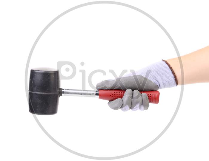 Hand Holding Black Hammer. Isolated On A White Background.