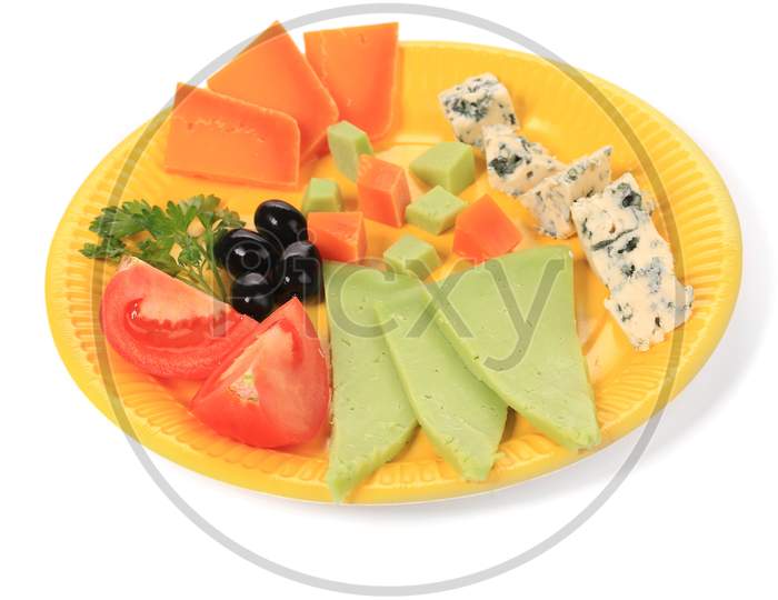 Various Cheese On Yellow Platter. Isolated On A White Background.