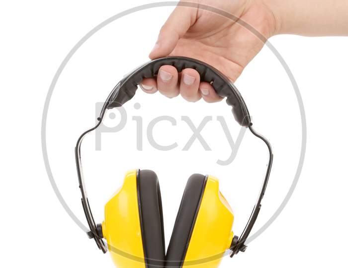 Hands Holds Working Protective Headphones. Isolated On A White Background.