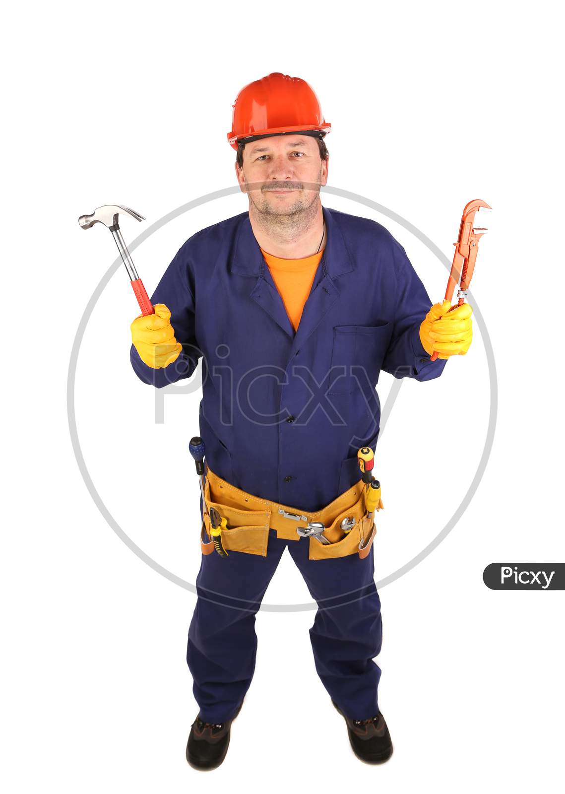 Worker In Hard Hat Holding Hammer. Isolated On A White Background.
