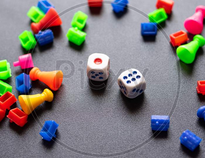 Board Game Pieces and Dices, Stock image