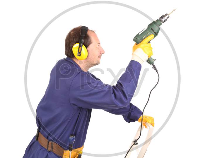 Worker With Drill. Isolated On A White Background.