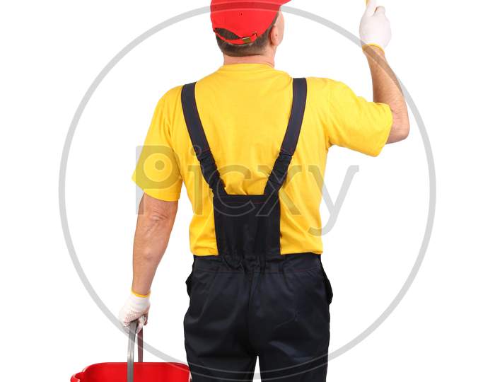 Worker With Roller And Bucket. Isolated On A White Background.