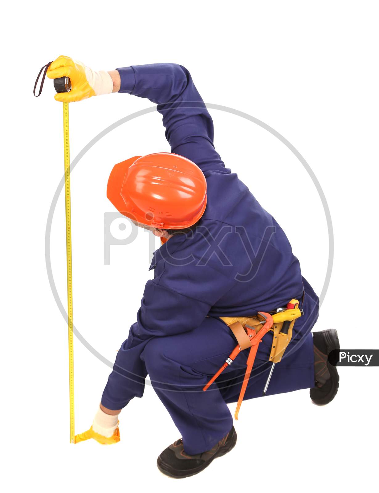 Worker In Hard Hat Measure With Ruler. Isolated On A White Background.