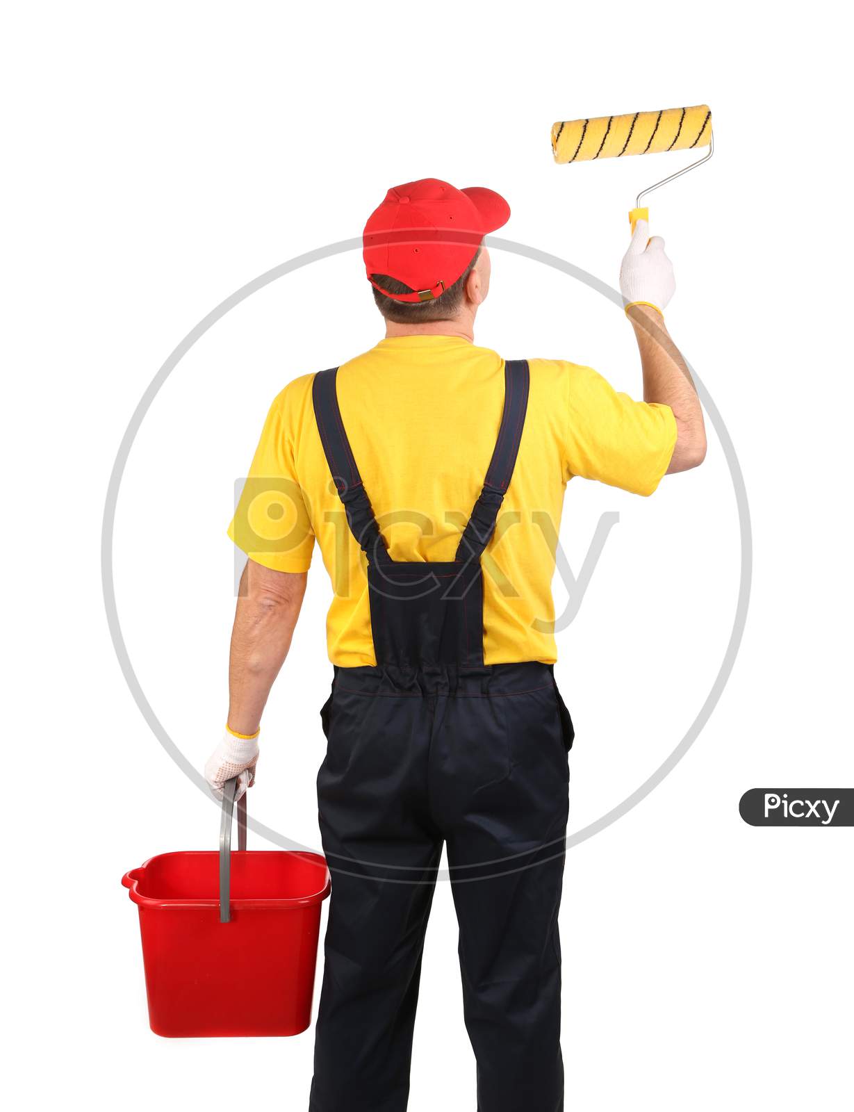 Worker With Roller And Bucket. Isolated On A White Background.