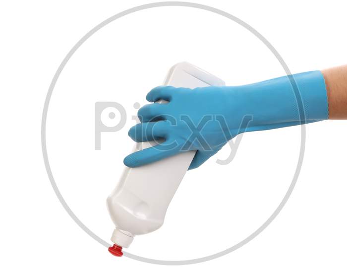 Hand In Glove Holding White Plastic Bottle. Isolated On A White Background.