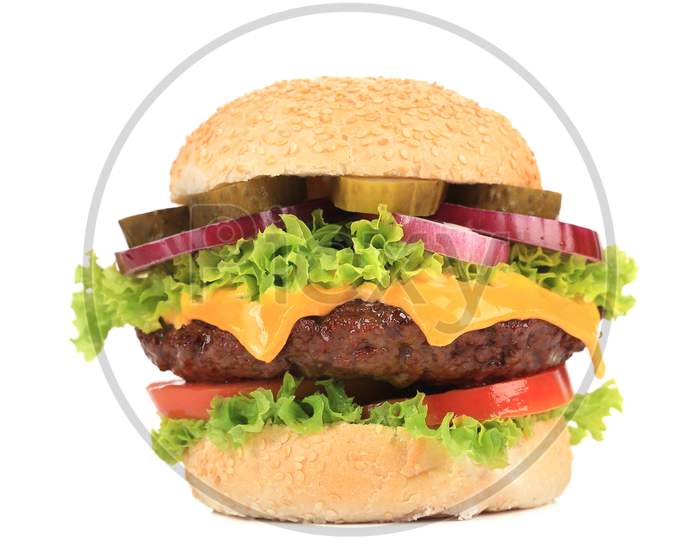 Big Appetizing Fast Food Hamburger. Isolated On A White Background.