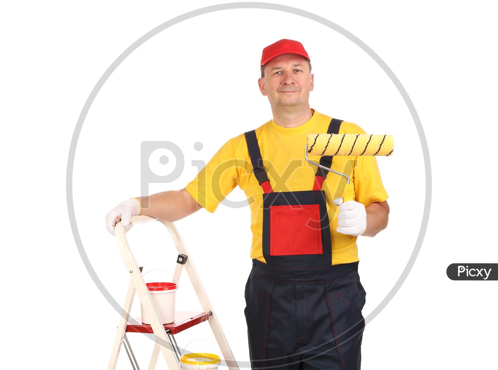 Worker On Ladder With Roller. Isolated On A White Background.