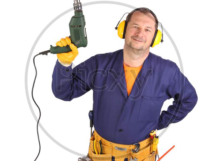 Worker With Drill. Isolated On A White Background.