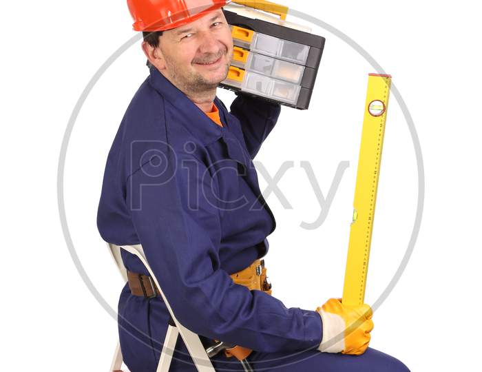 Worker On Ladder With Tool And Toolbox.  Isolated On A White Background.