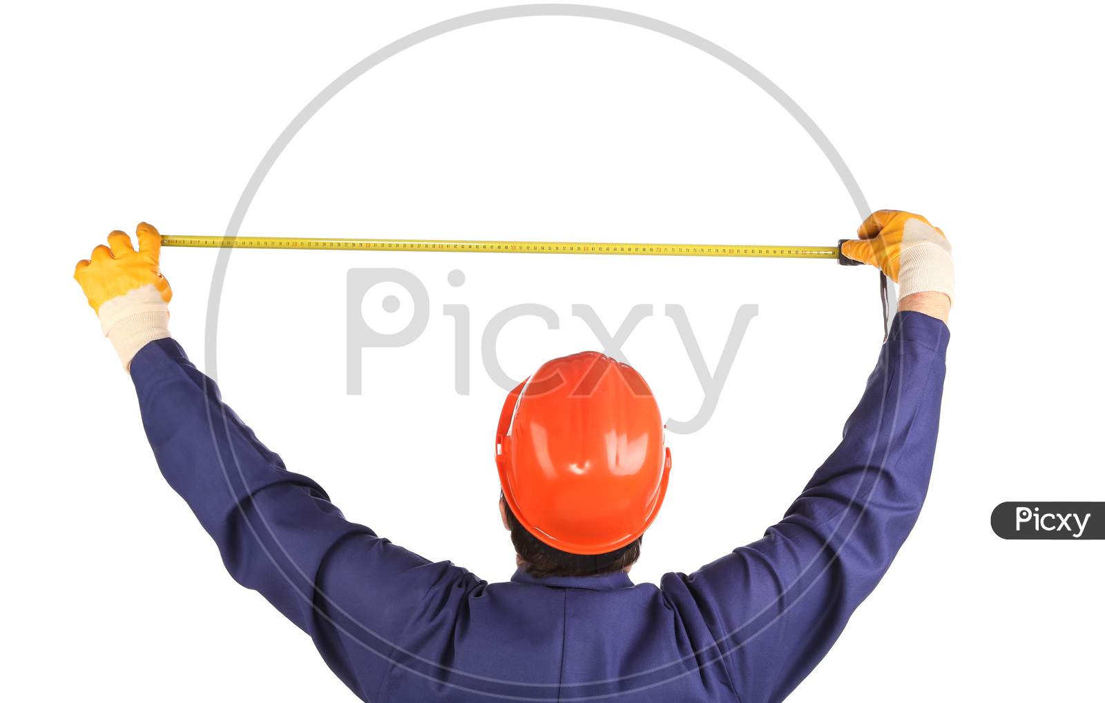 Worker In Hardhat With Measure Ruler. Isolated On A White Background.