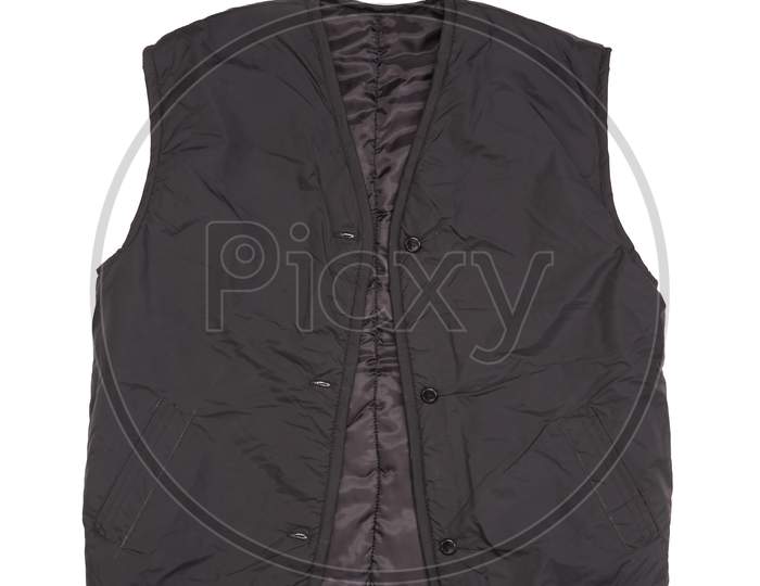 Black Working Winter Vest. Isolated On White Background.