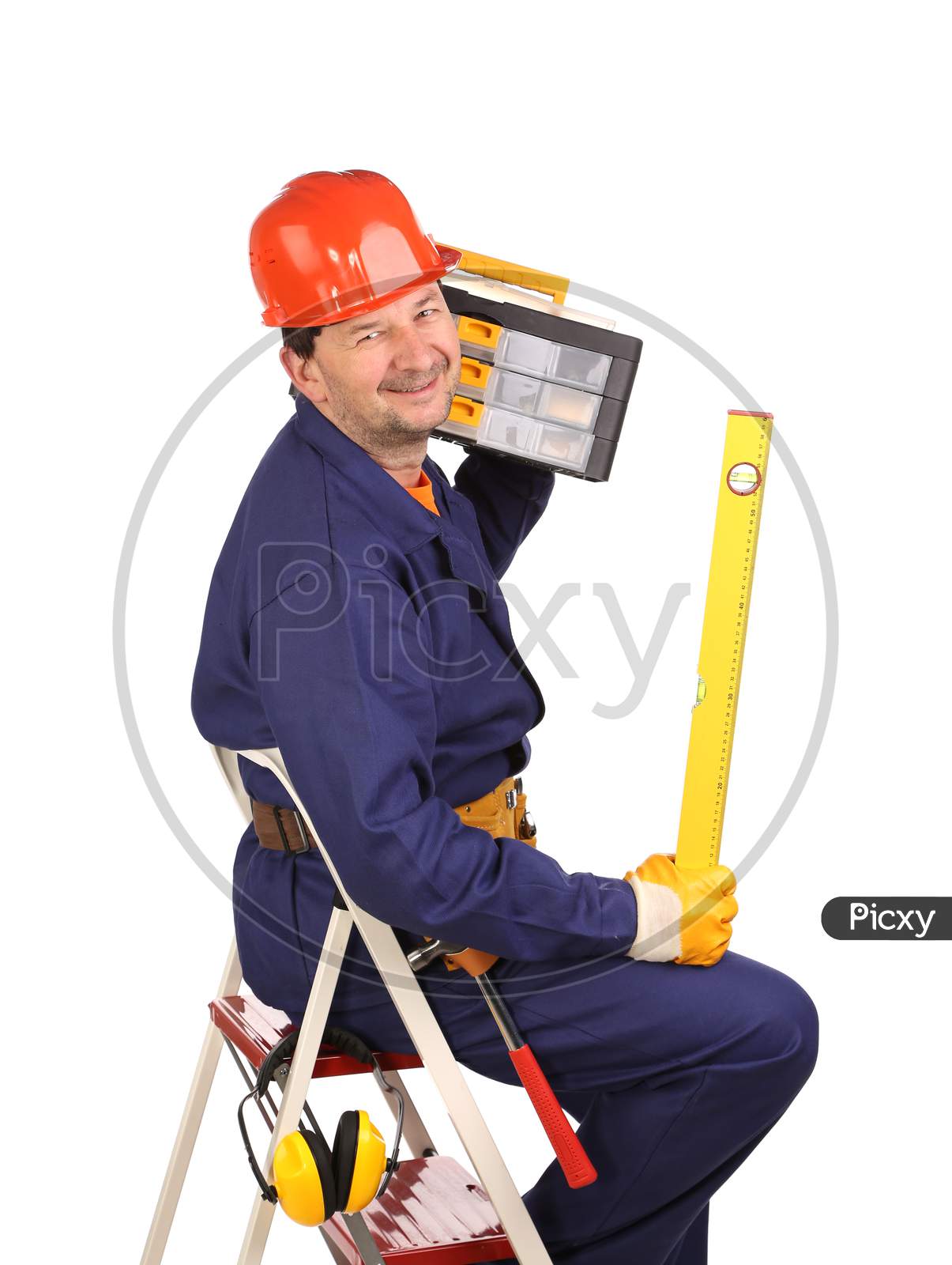 Worker On Ladder With Tool And Toolbox.  Isolated On A White Background.