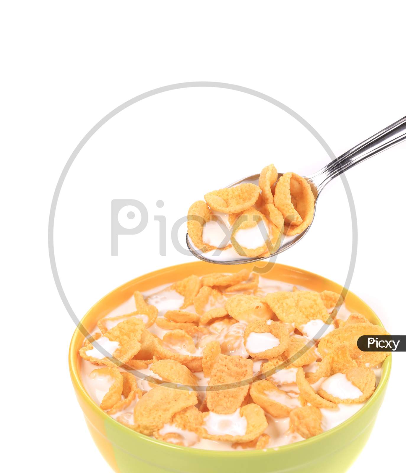 Bowl Of Cereal With Milk. Isolated On A White Background.