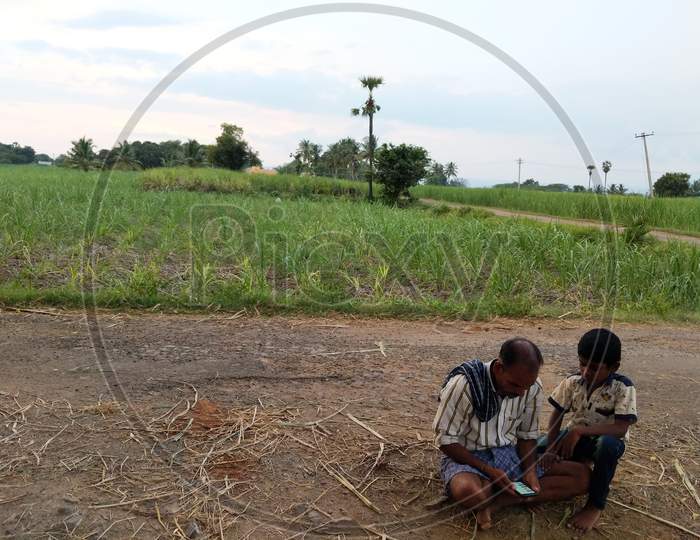 Farmer's son teaching how to use mobile
