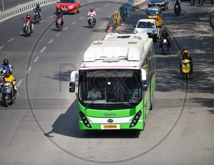 Olectra, a zero emission bus used by TSRTC. A service used from across Hyderabad to RGIA Airport.