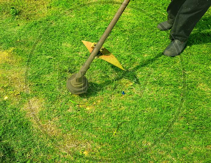 A Rotary Handheld Motorized Lawn Mower Clipping Grass On Lawn