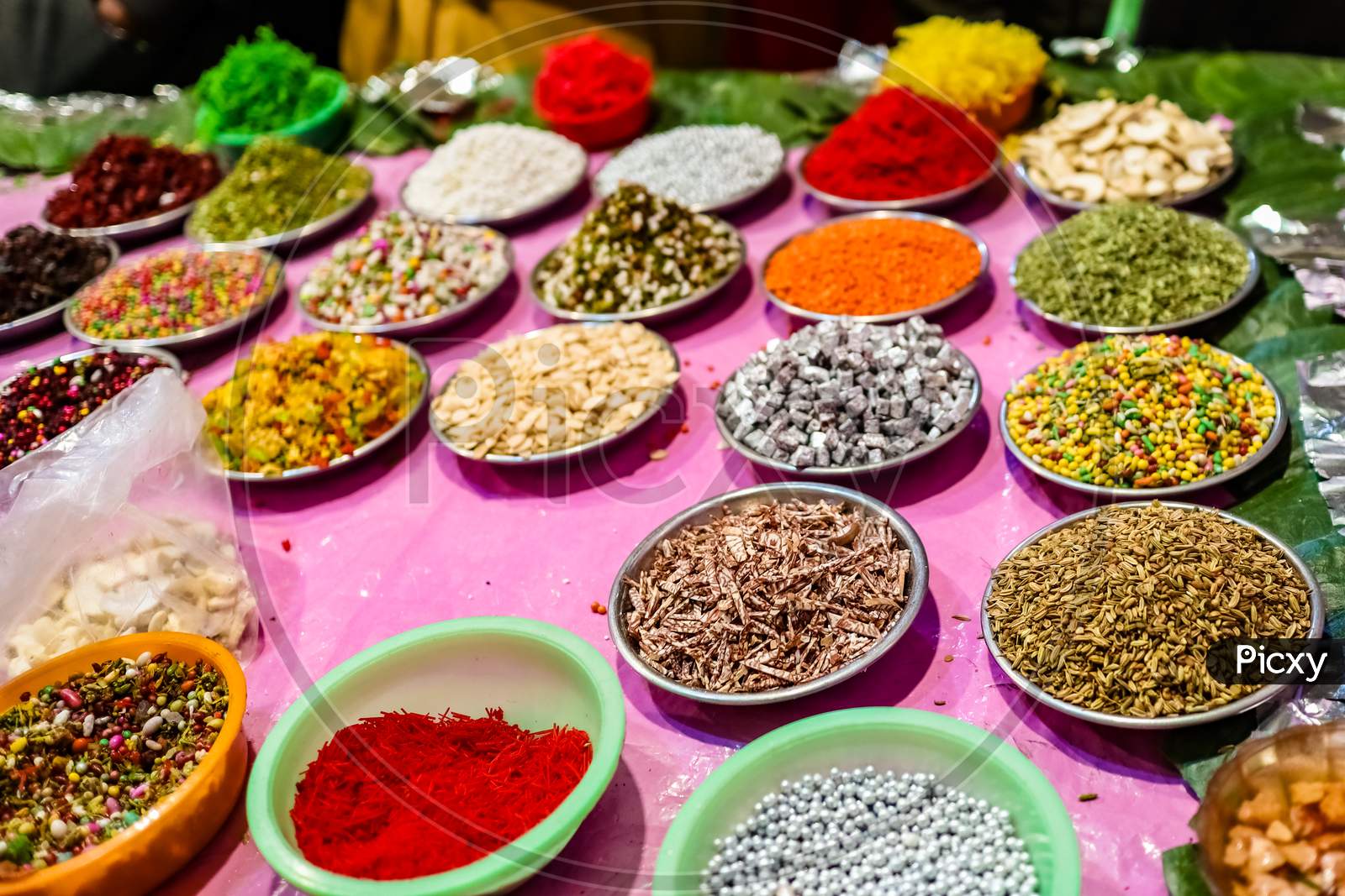 Different Types Of Colorful Garnish Pan Masala Used To Decorate Betel Leaf Banarasi Paan With Selective Focus And Blurred Background