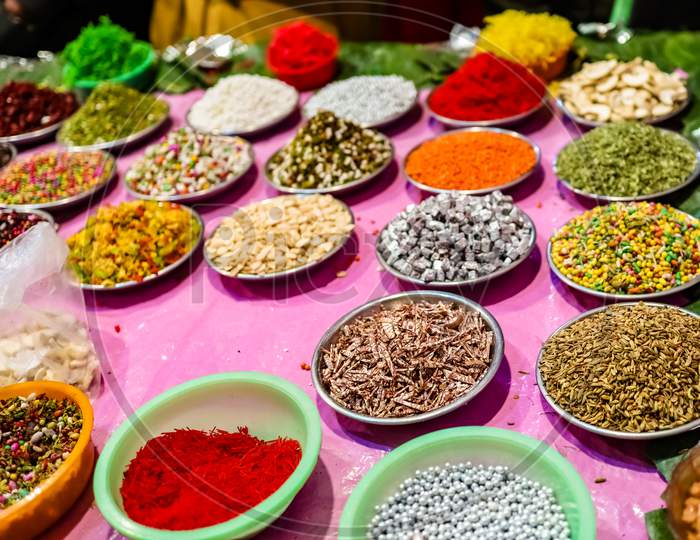 Different Types Of Colorful Garnish Pan Masala Used To Decorate Betel Leaf Banarasi Paan With Selective Focus And Blurred Background
