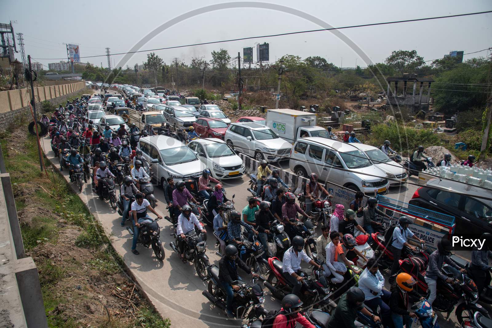 Heavy traffic congestion at Hitech City MMTS station Railway Underpass.