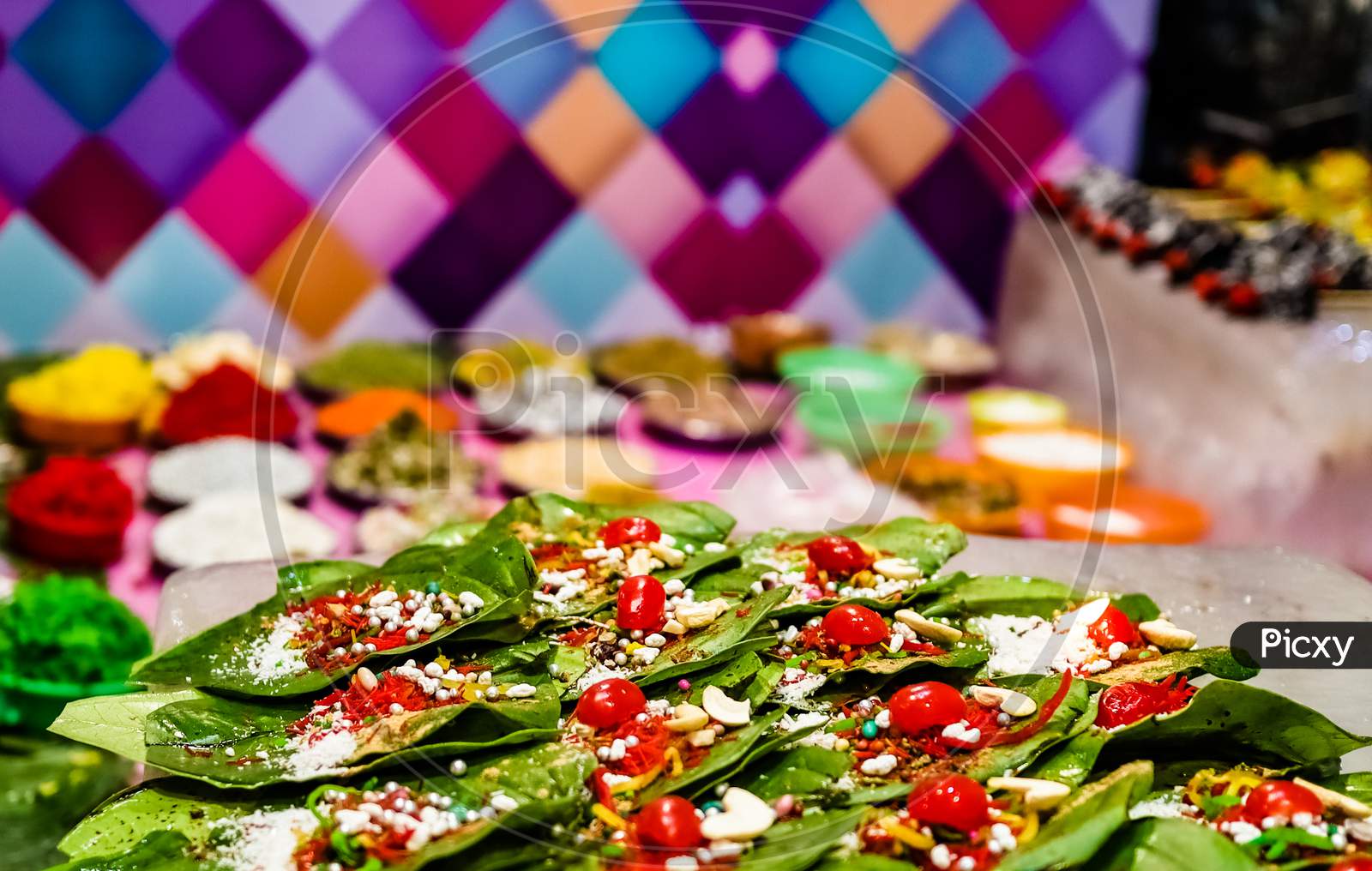 Collection Of Betel Leaf Banarasi Paan And Fire Paan Displayed For Sale At A Shop With Selective Focus And Blurred Background.