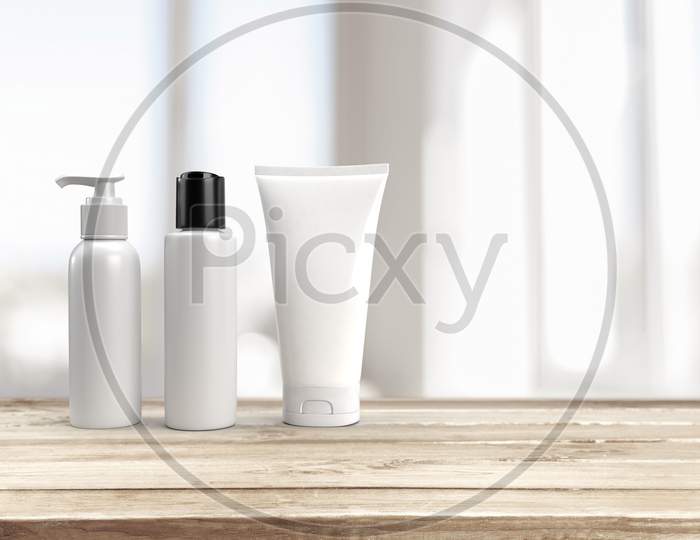 3D Rendering Of Blank White Mockup Cosmetic Set A Pump Lid Bottle, A Flip Lid Bottle And A Squeeze Tube On An Wooden Base With Space For Text.