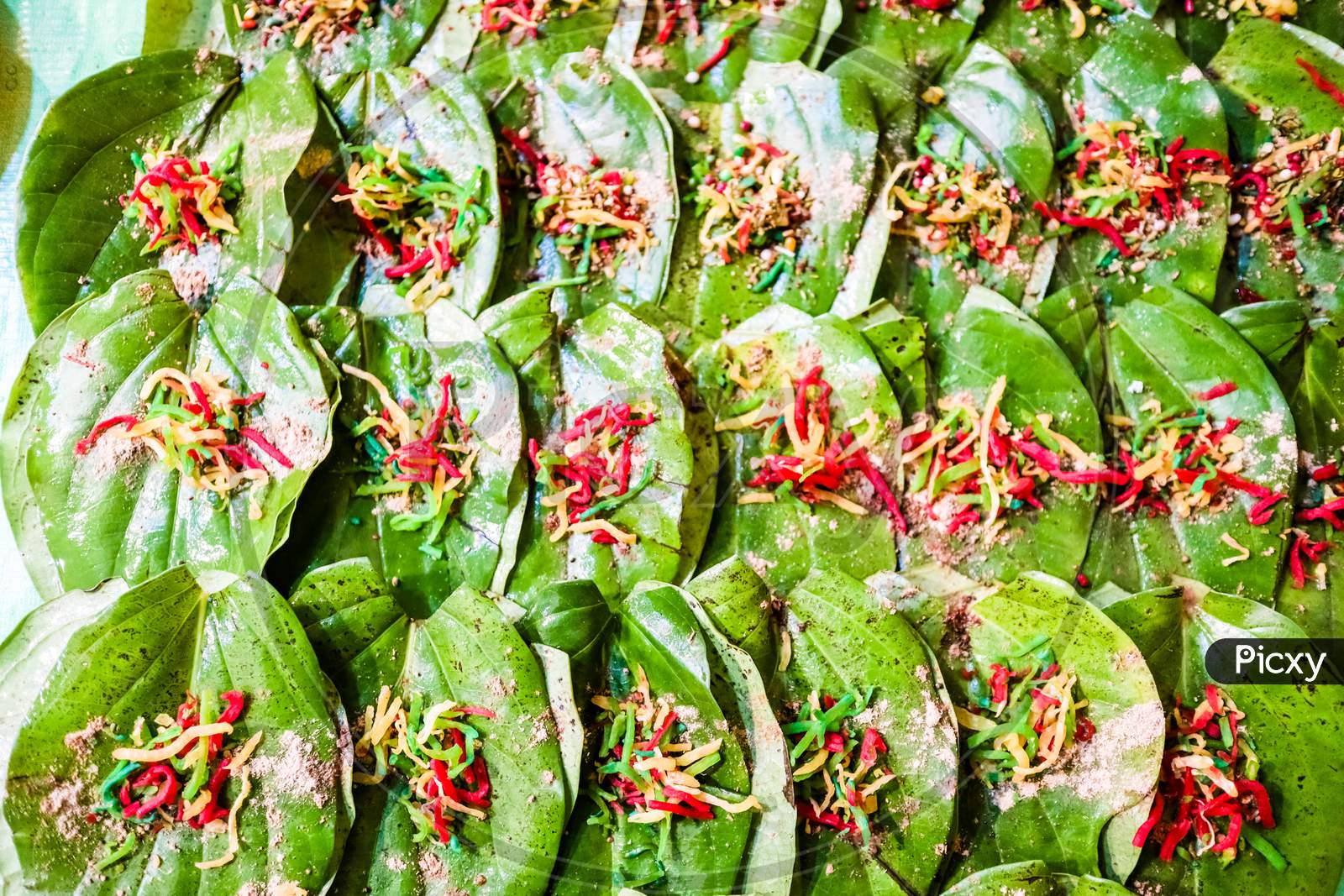 Collection Of Banarasi Paan Betel Leaf With Masala Displayed With Displayed For Sale At A Shop