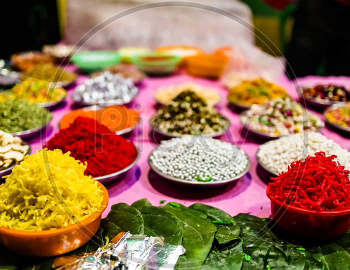 Different Types Of Colorful Garnish Pan Masala Used To Decorate Betel Leaf Banarasi Paan