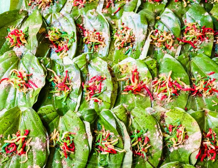 Collection Of Banarasi Paan Betel Leaf With Masala Displayed With Displayed For Sale At A Shop